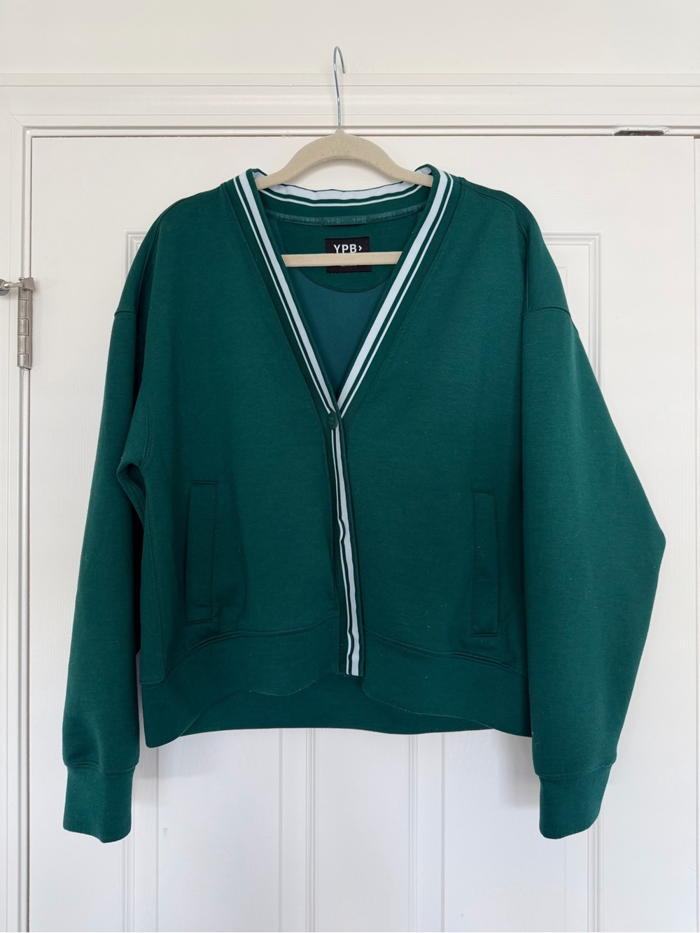 Abercrombie YPB Green V-Neck Stripe Trim Women's Cardigan